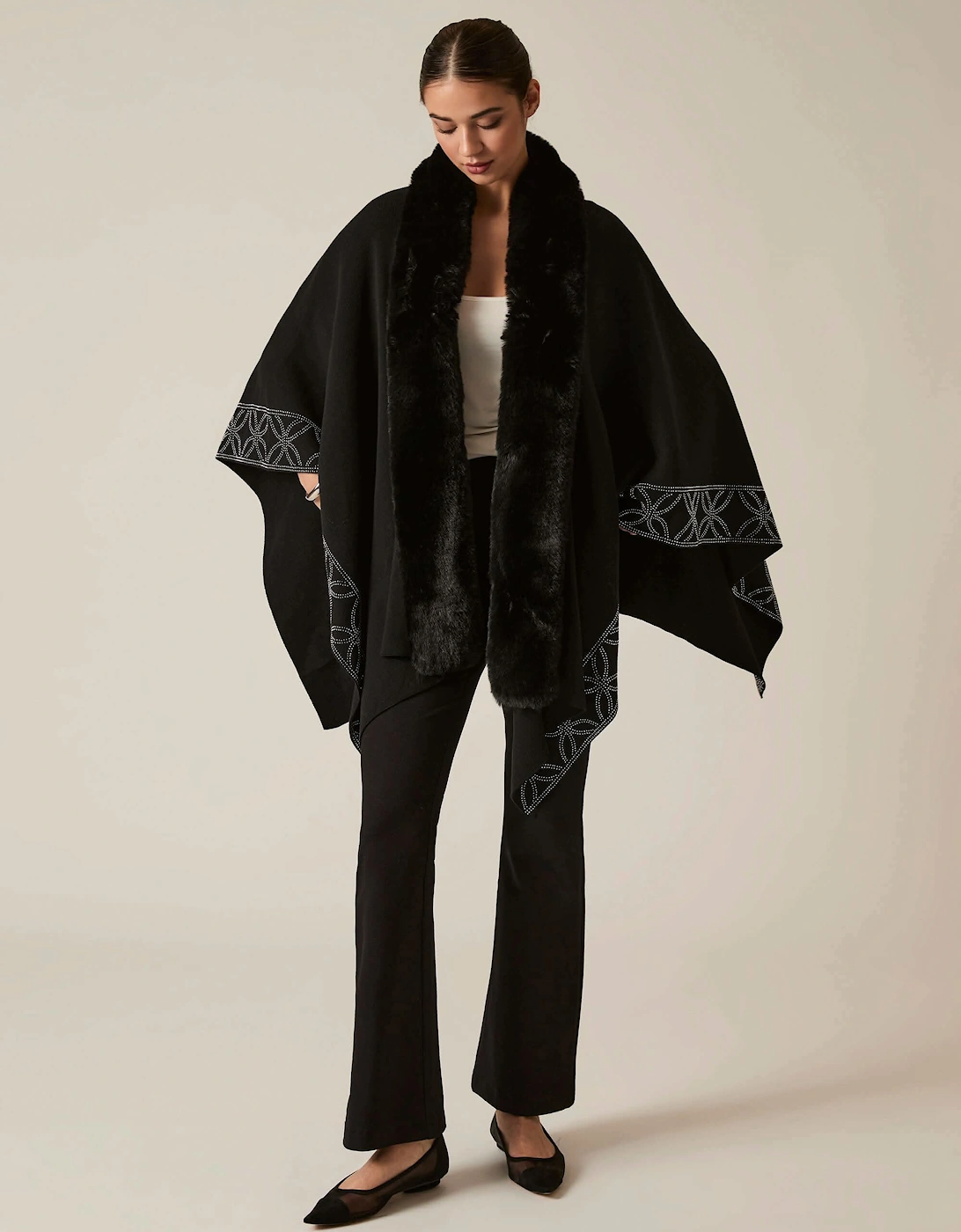 James Lakeland Women's Crystal Edge Faux Fur Poncho