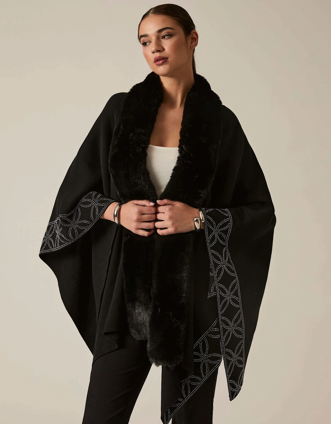Crystal Edge Faux Fur Poncho
