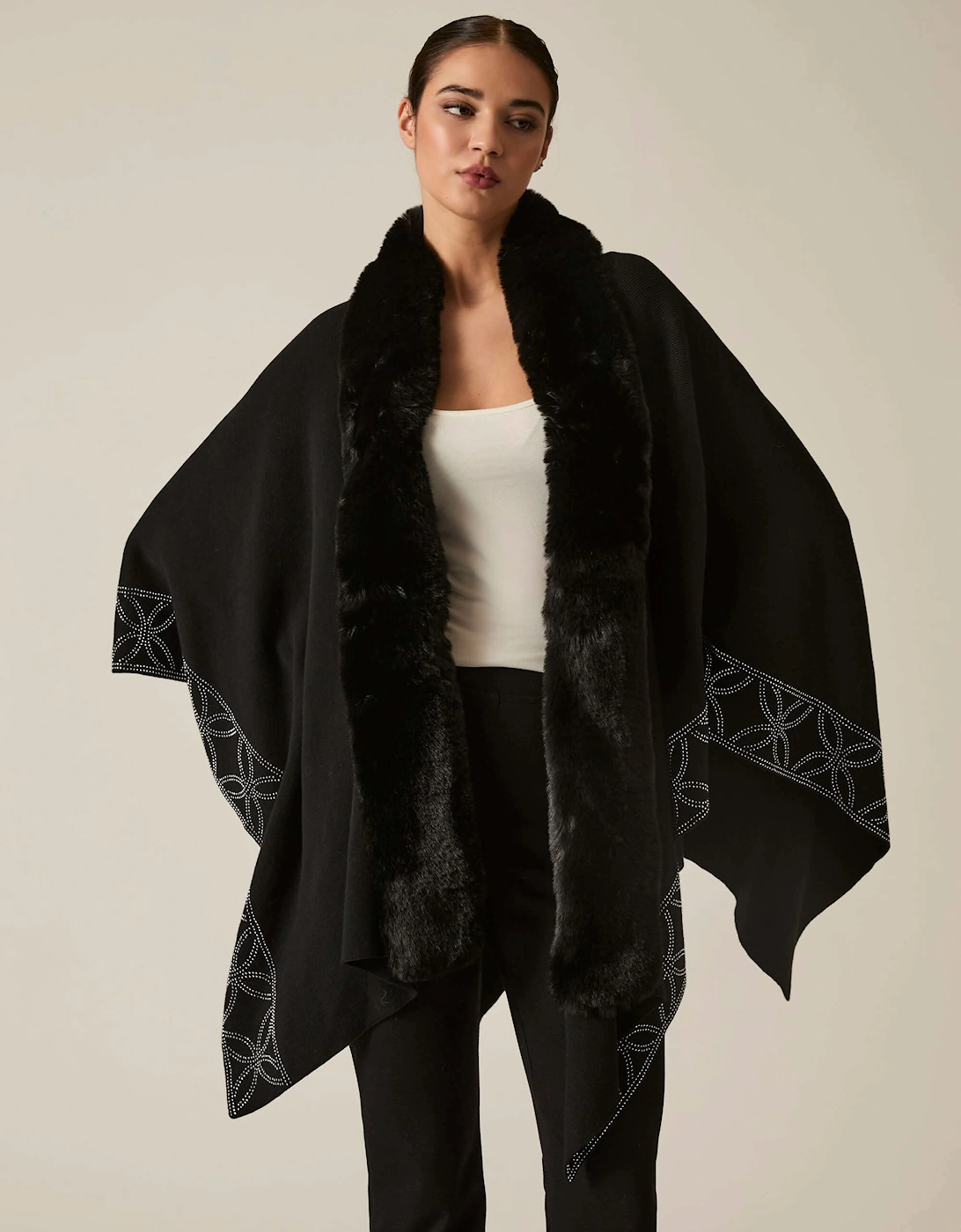 Crystal Edge Faux Fur Poncho