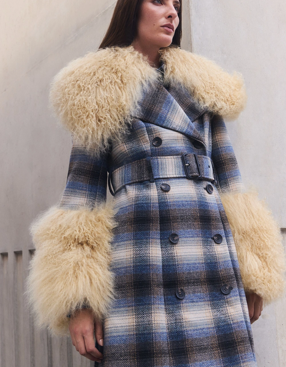 Wool & Shearling Check Tailored Double Breasted Belted Midi Coat, 2 of 1