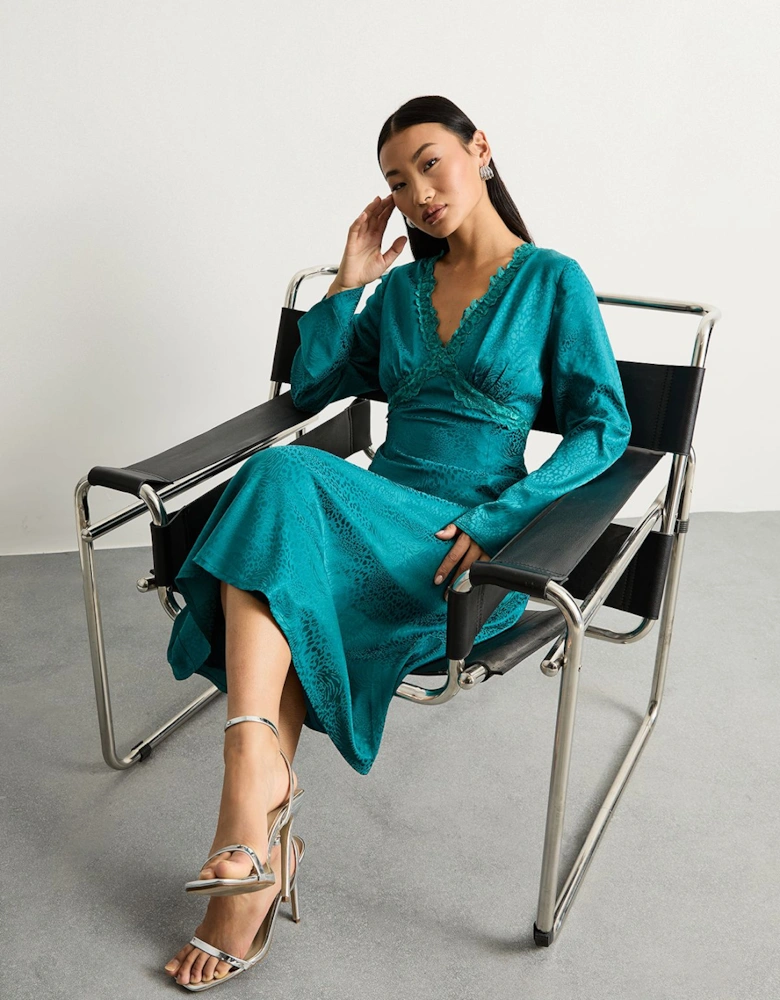 Petite Satin Jacquard Lace Insert Godet Midi Dress