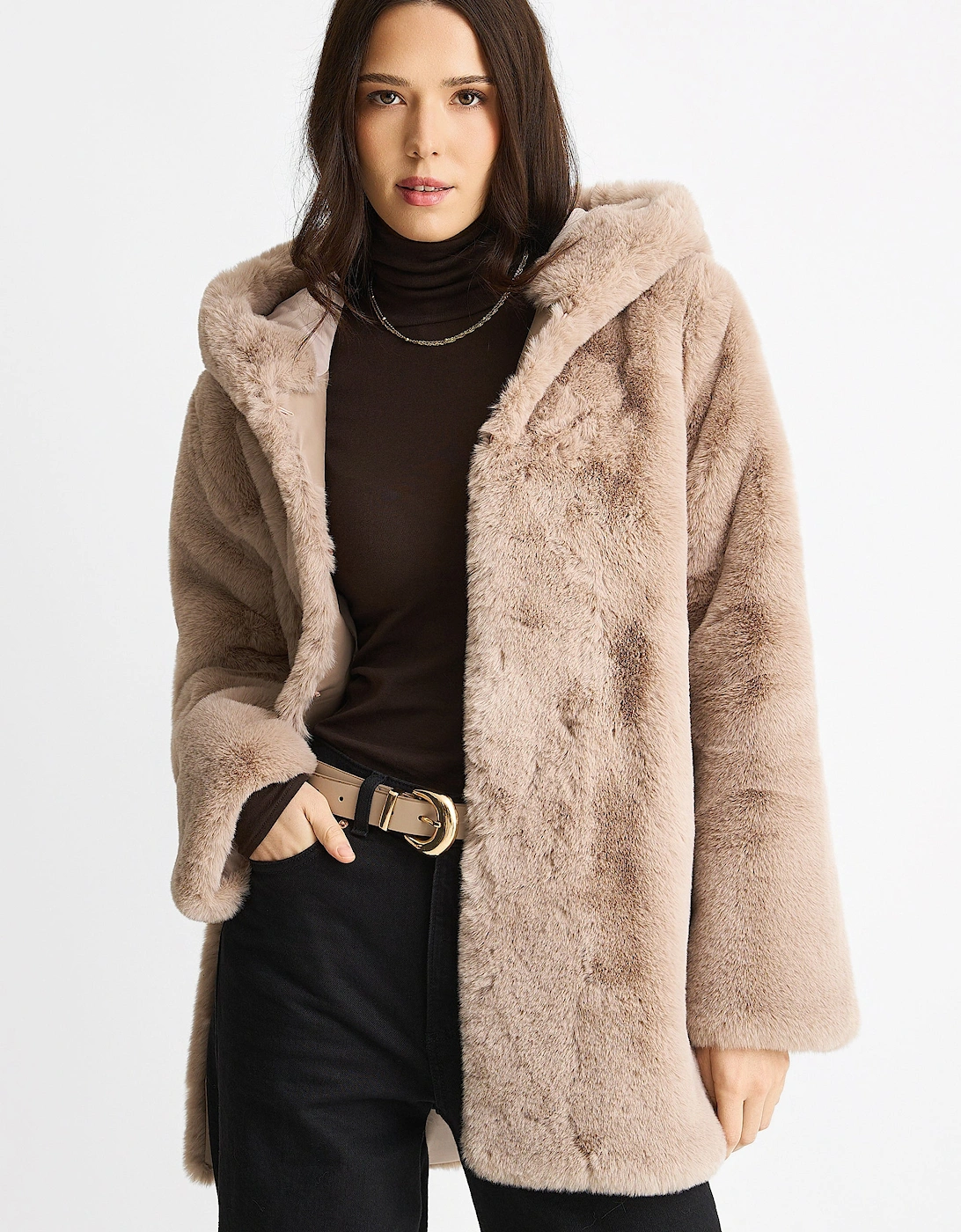 Gini London Women's Mink Hooded Long Sleeve Faux Fur Jacket - Tan - Size: M-L uk 12-14 / us 8-10 / eu 42 - 44