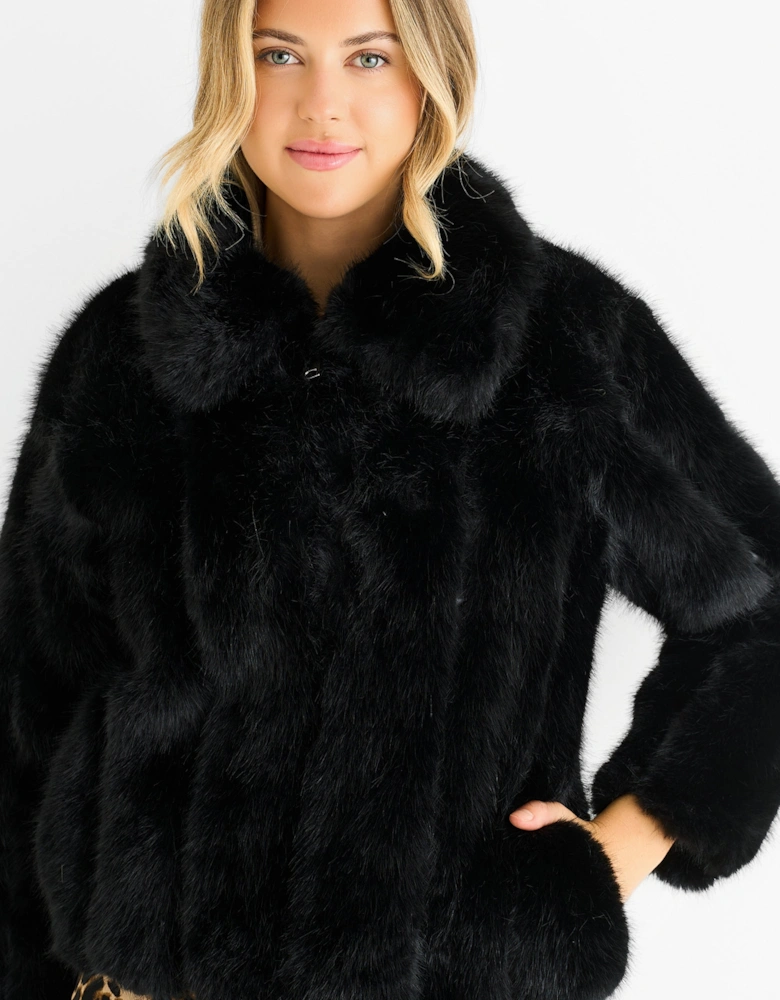 Black Zip Front Faux Fur Short Jacket