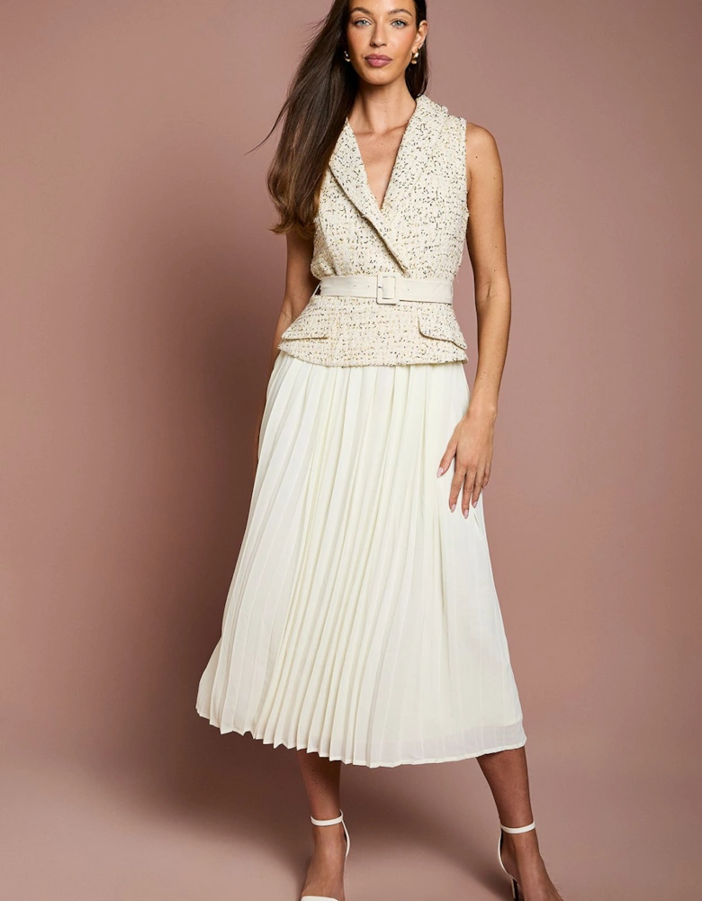 Sleeveless Tweed Mix Fabric Midi Dress With Belt