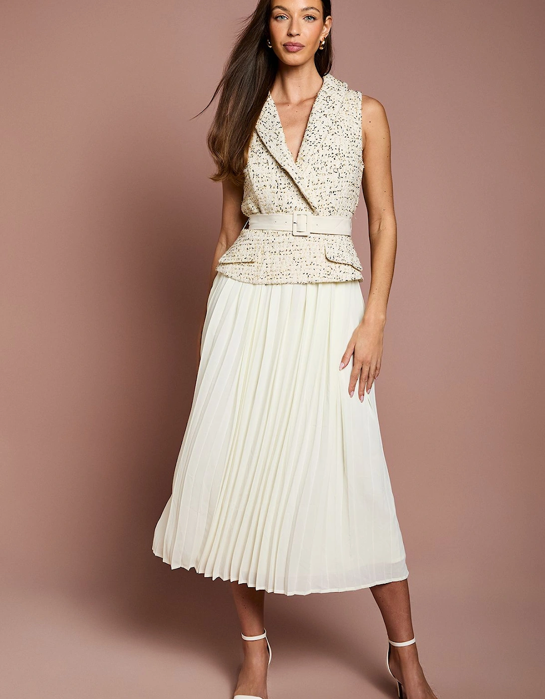 Sleeveless Tweed Mix Fabric Midi Dress With Belt, 2 of 1
