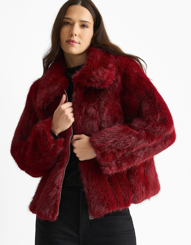 Burgundy Zip Front Faux Fur Short Jacket