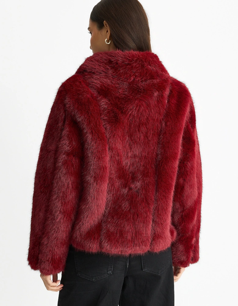 Burgundy Zip Front Faux Fur Short Jacket
