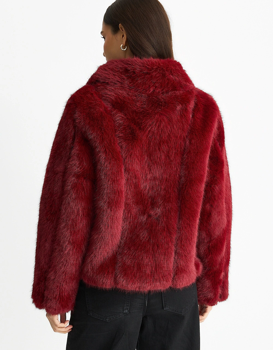 Burgundy Zip Front Faux Fur Short Jacket