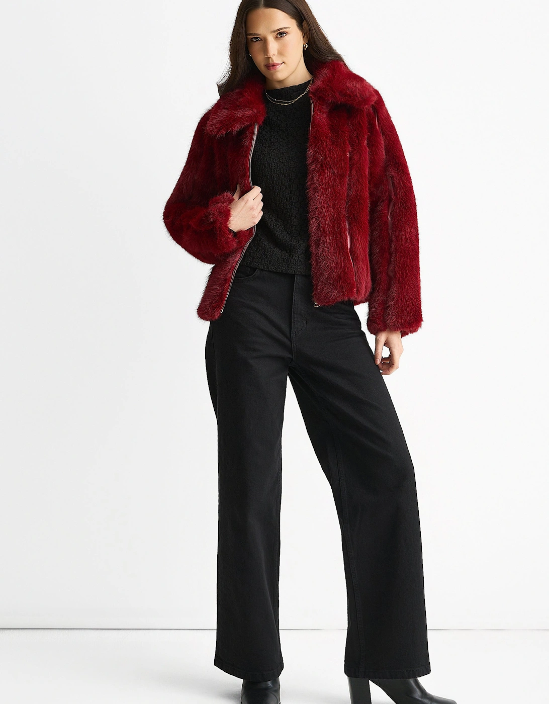Burgundy Zip Front Faux Fur Short Jacket