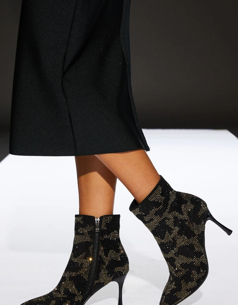 Camo Diamante Pointed Ankle Boots