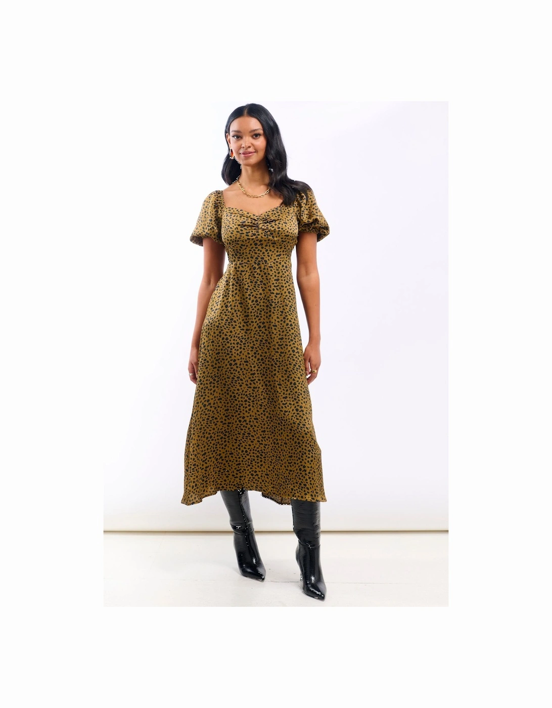 Brown Animal Satin Sweetheart Neck Midi Dress, 2 of 1