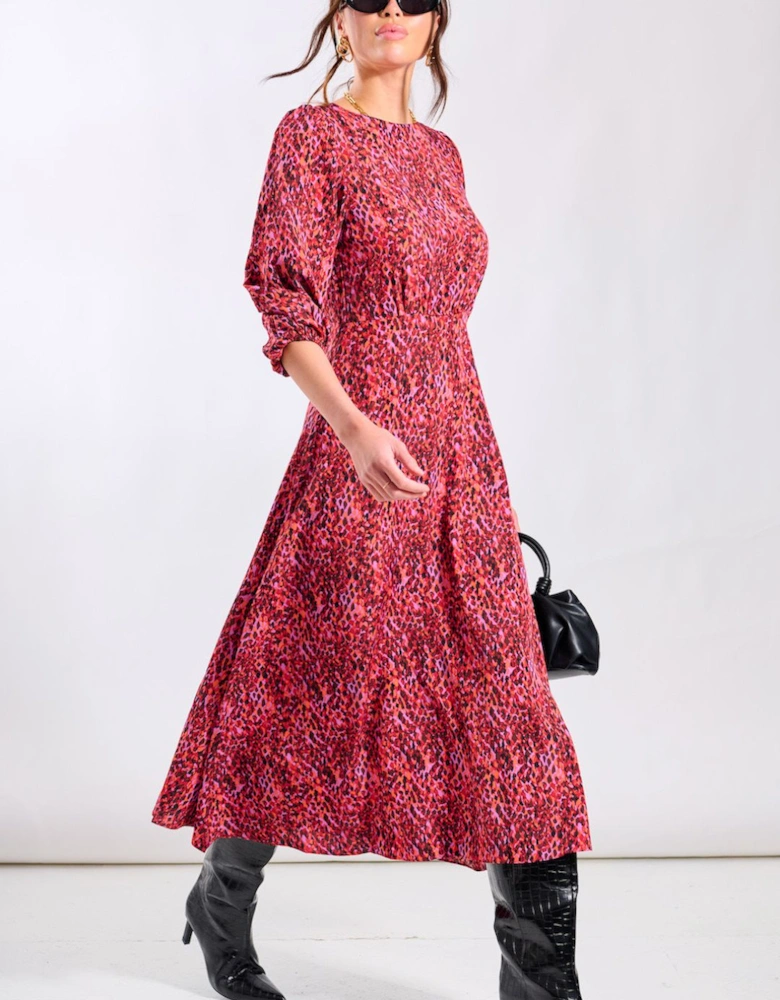 Red Animal 3/4 Sleeve Midi Dress