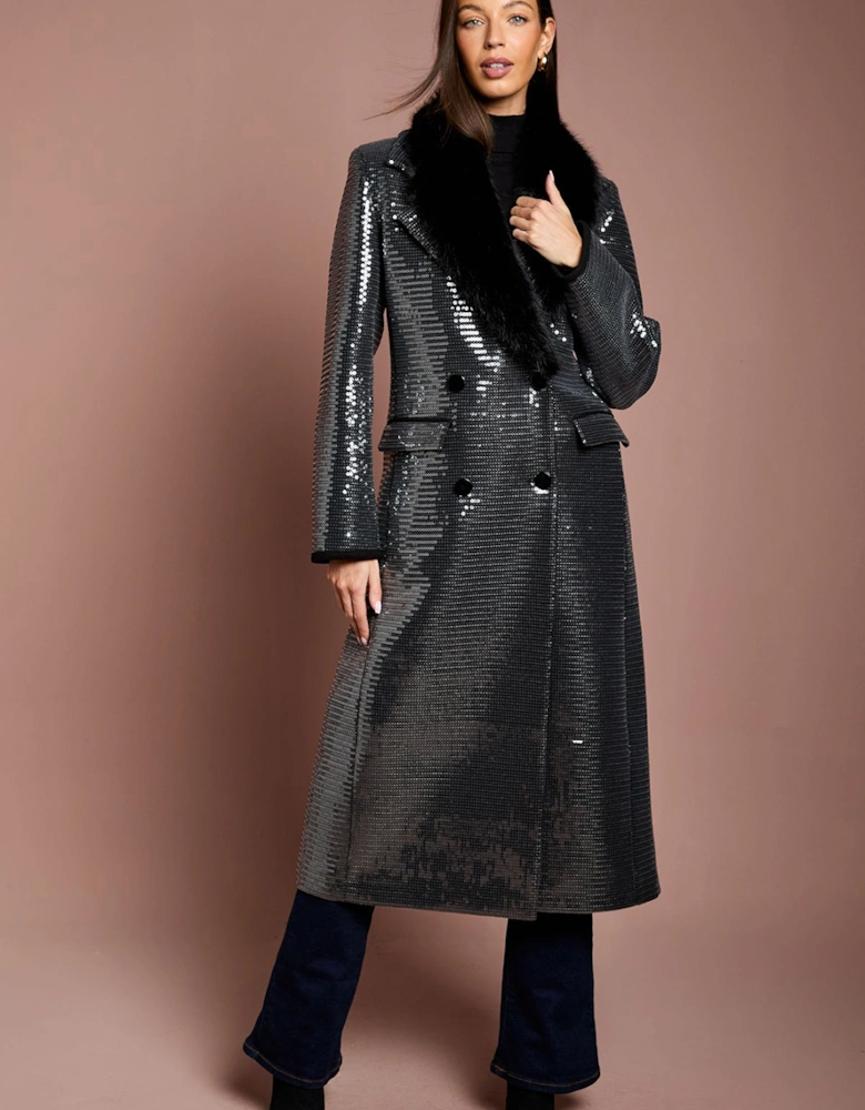 Olive Fur Collar Sequin Longline Coat