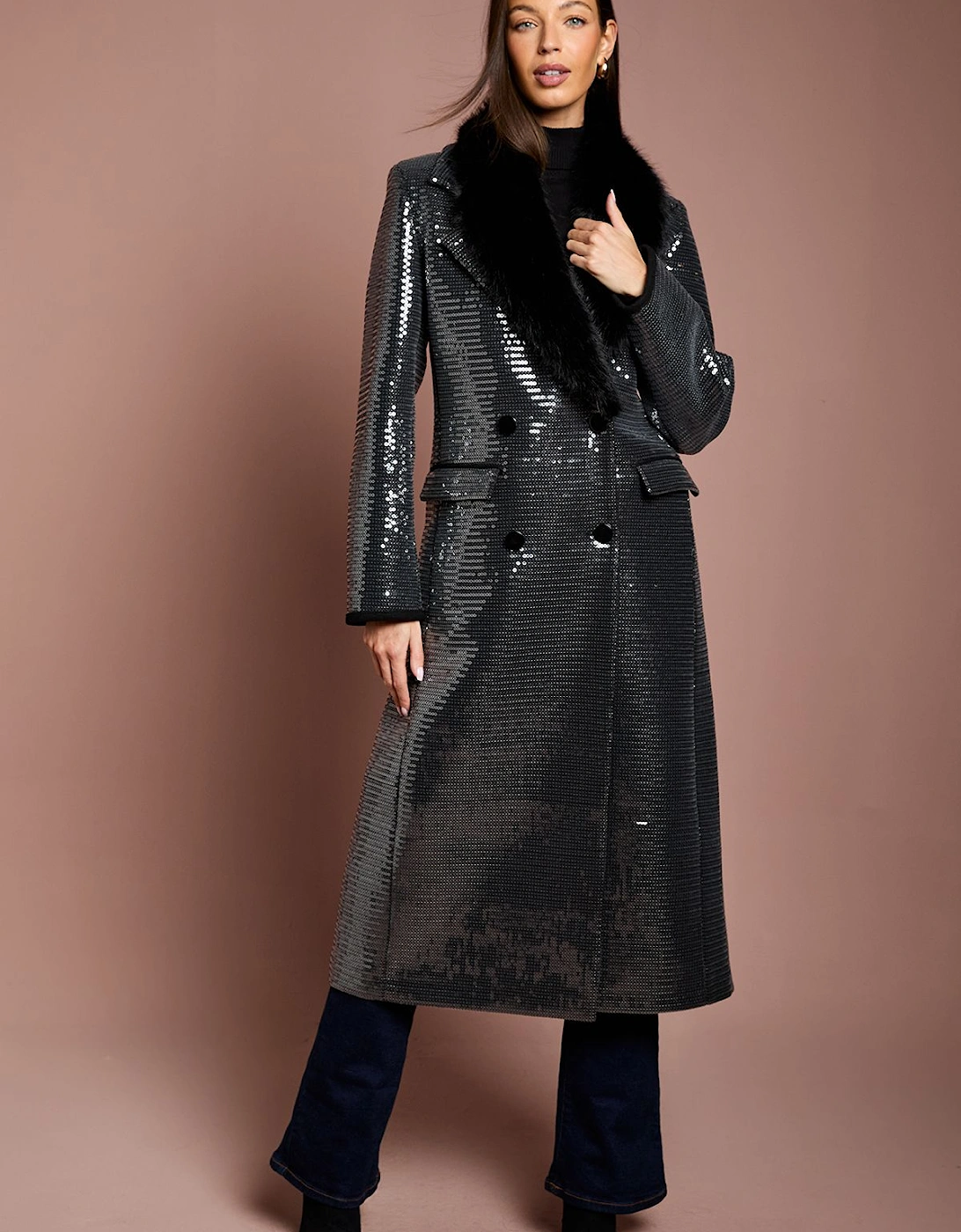 Olive Fur Collar Sequin Longline Coat, 2 of 1