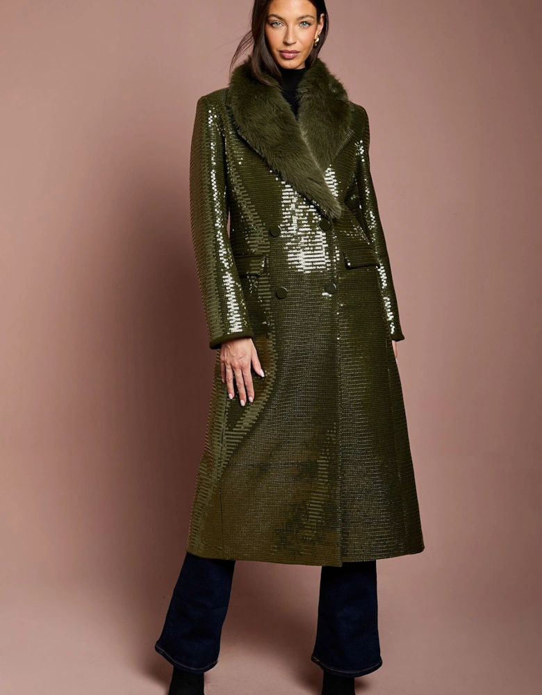 Olive Fur Collar Sequin Longline Coat