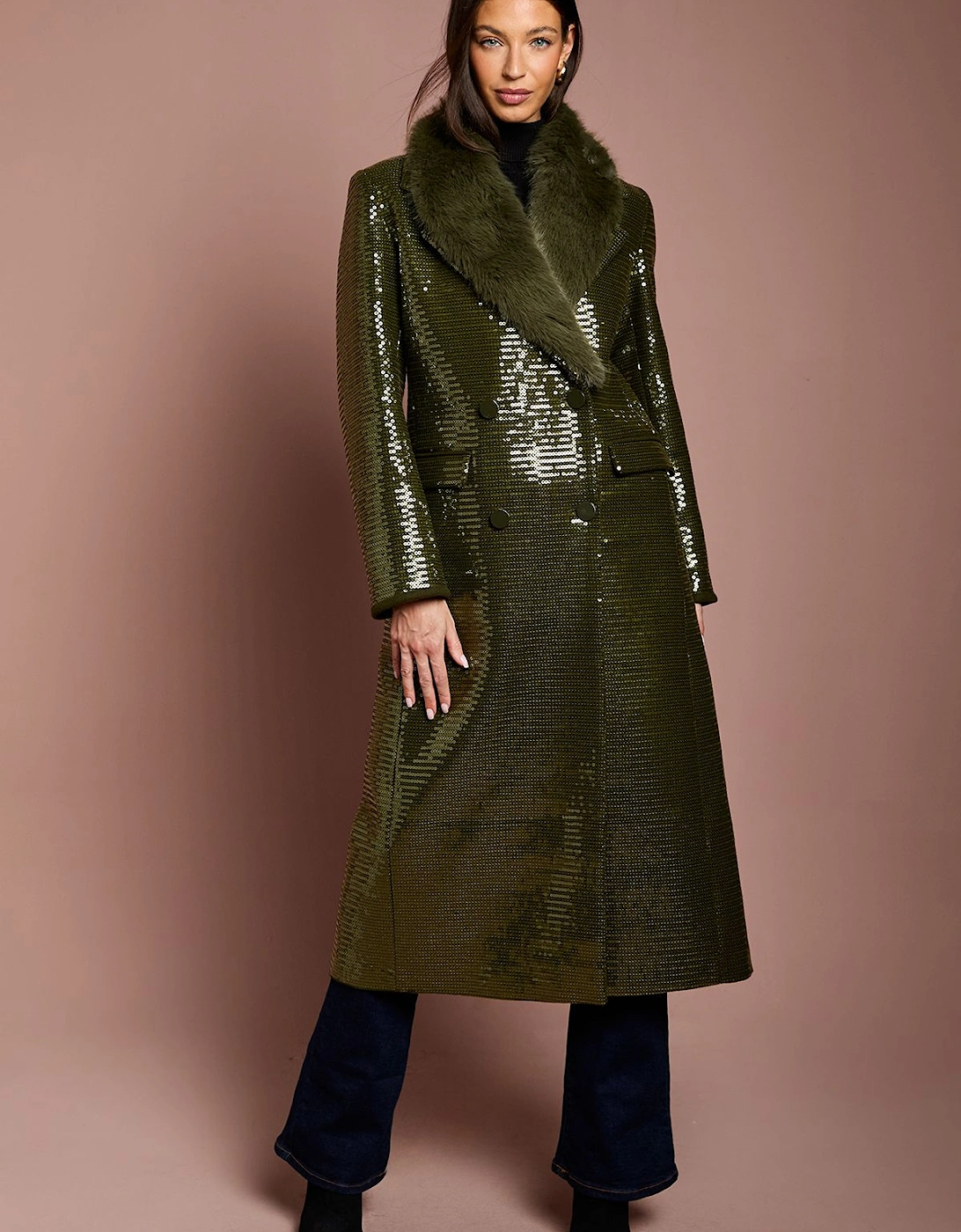 Olive Fur Collar Sequin Longline Coat, 2 of 1