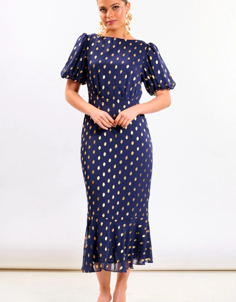 Navy Chiffon Foil Puff Sleeve Midi Dress