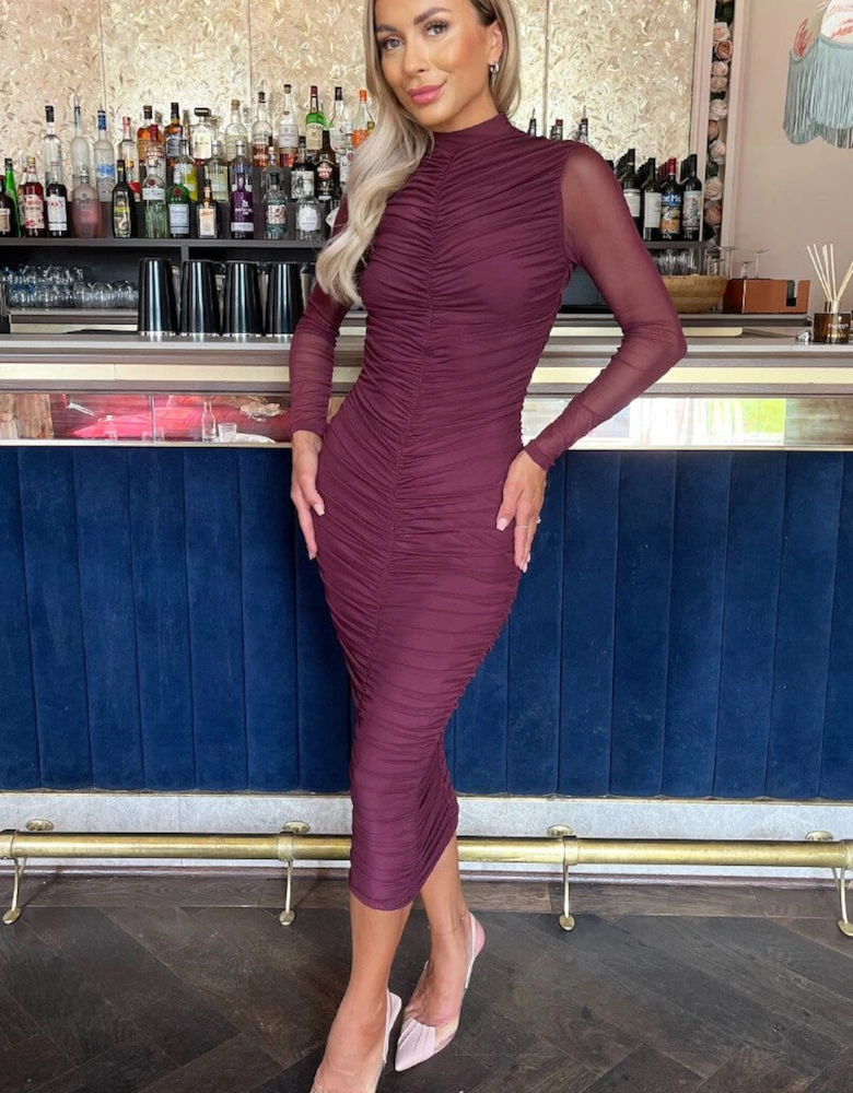 Plum High Neck Long Sleeve Ruched Bodycon Mesh Midi Dress