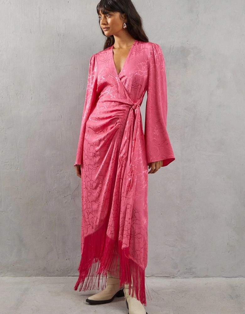 Satin Jacquard Kimono Sleeve Fringe Hem Wrap Dress