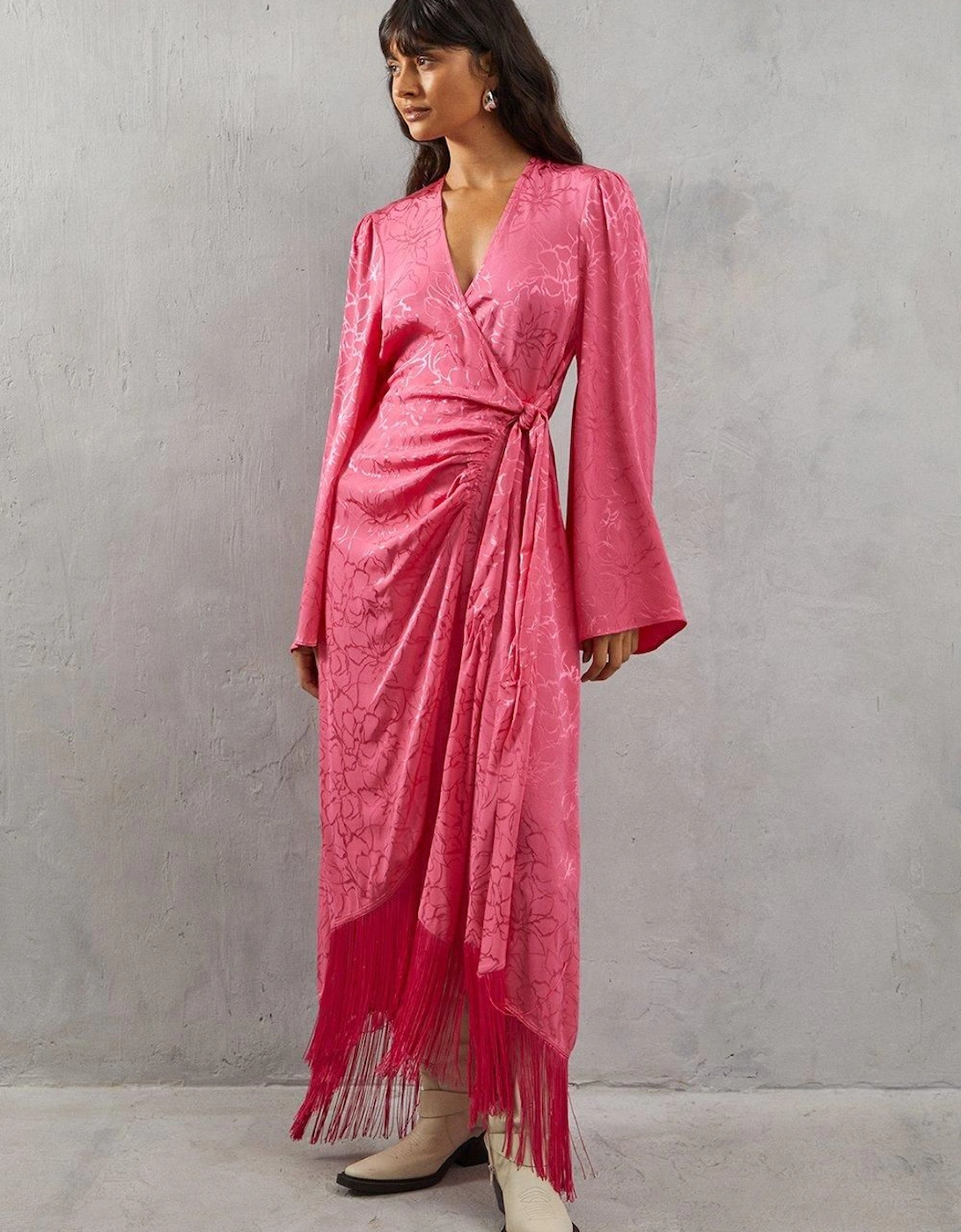 Satin Jacquard Kimono Sleeve Fringe Hem Wrap Dress, 2 of 1