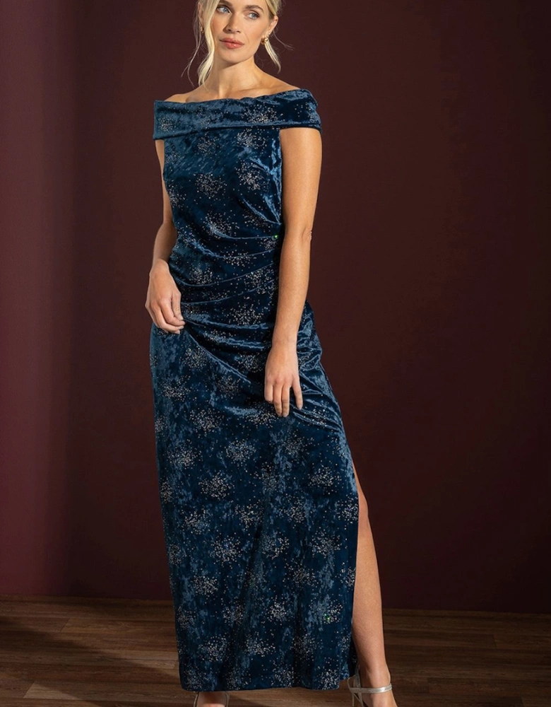 Embellished Velour Bardot Maxi Dress