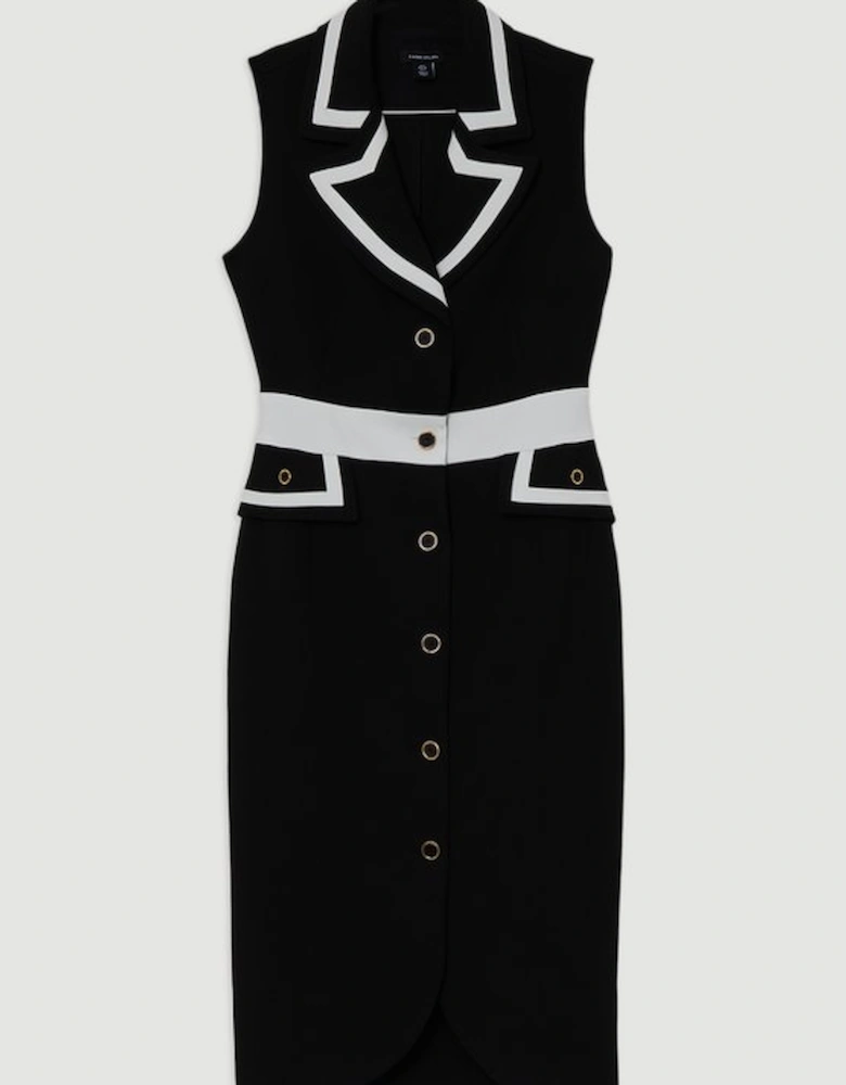 Compact Stretch Contrast Tipped Belted Tailored Midi Dress