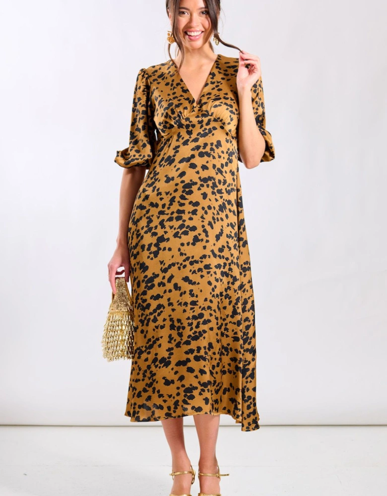 Brown Leopard Satin Midi Dress
