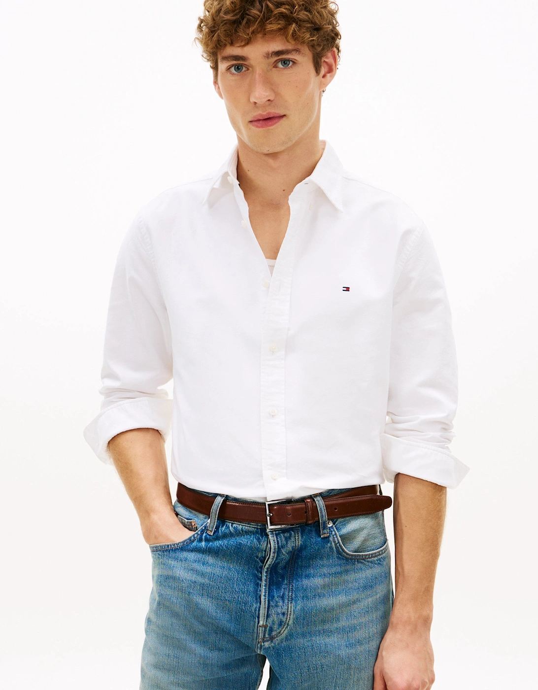 Tommy Hilfiger Men's White Solid Heritage Long Sleeve Oxford Shirt - Optic - Size 40/Regular