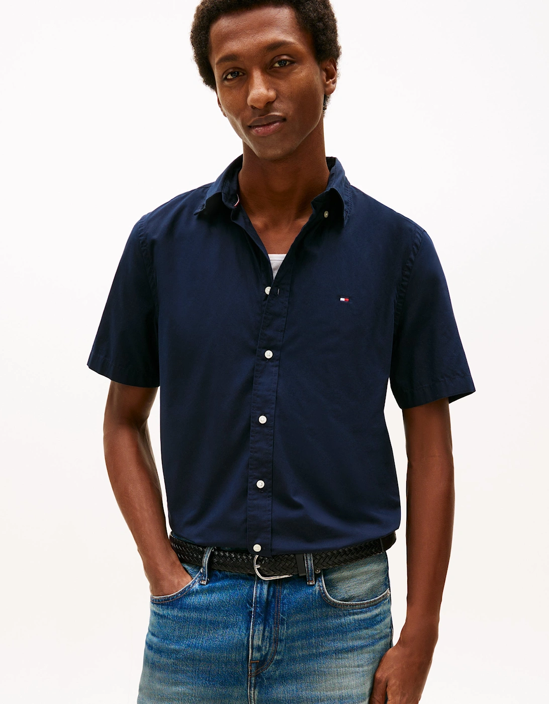 Tommy Hilfiger Men's Navy Core Flex Poplin Solid Short Sleeve Shirt - Blue - Size 40/Regular