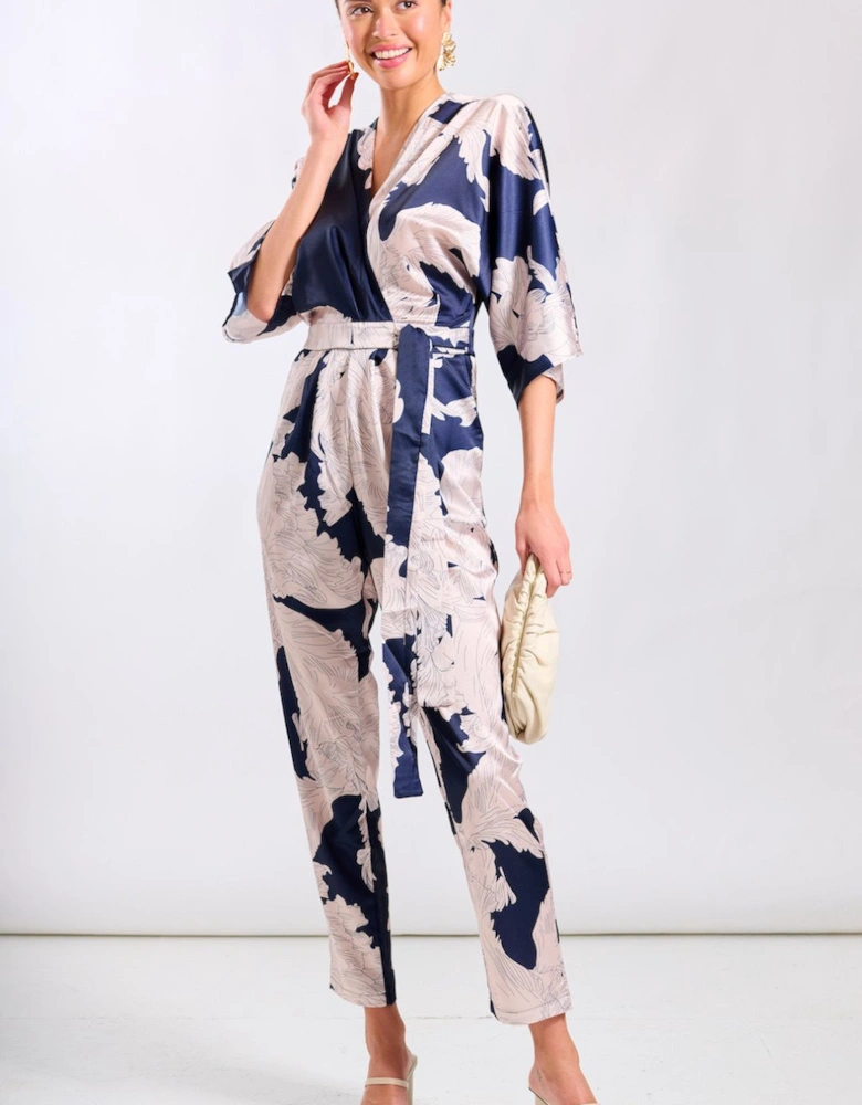 Navy Leaf Kimono Sleeve Jumpsuit
