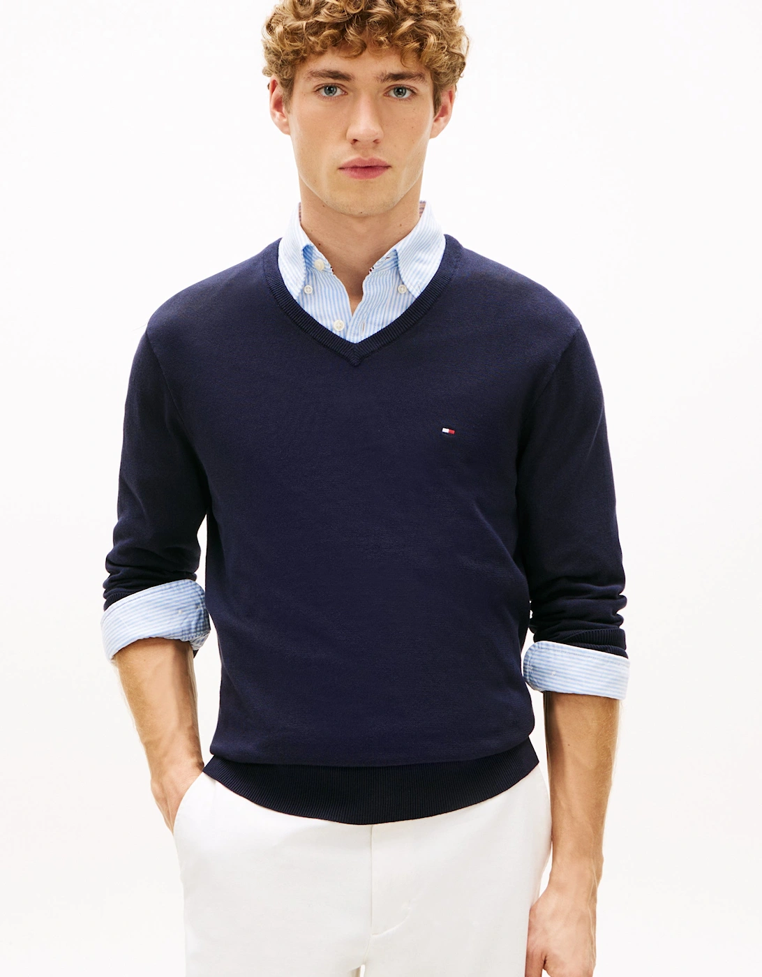 Tommy Hilfiger Men's Tommy Hilfiger Essential Mens V-Neck Cotton Jumper - Desert Sky - Blue/Black