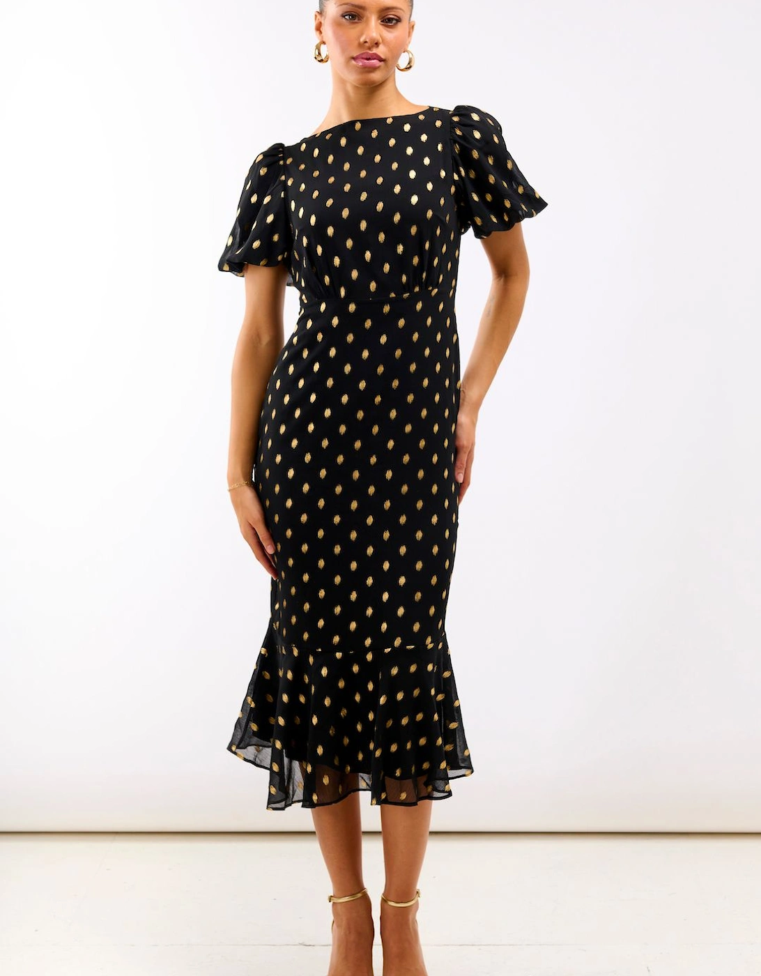 Black Chiffon Foil Puff Sleeve Midi Dress, 2 of 1