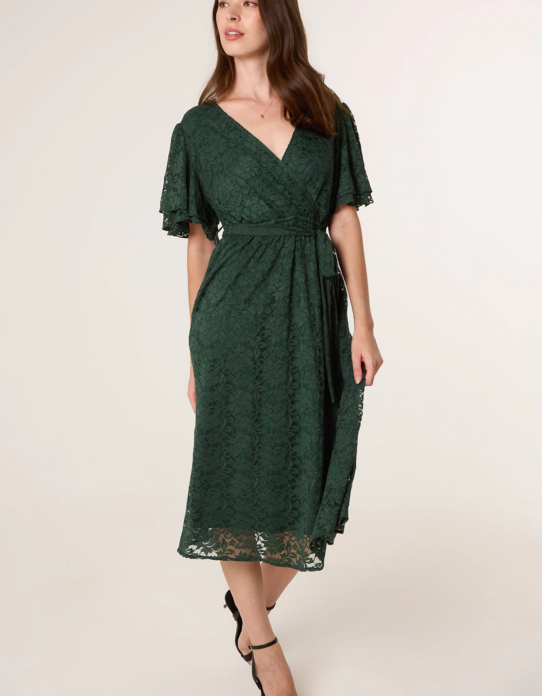 Dark Green Double Angel Sleeve Lace Midi Dress, 2 of 1