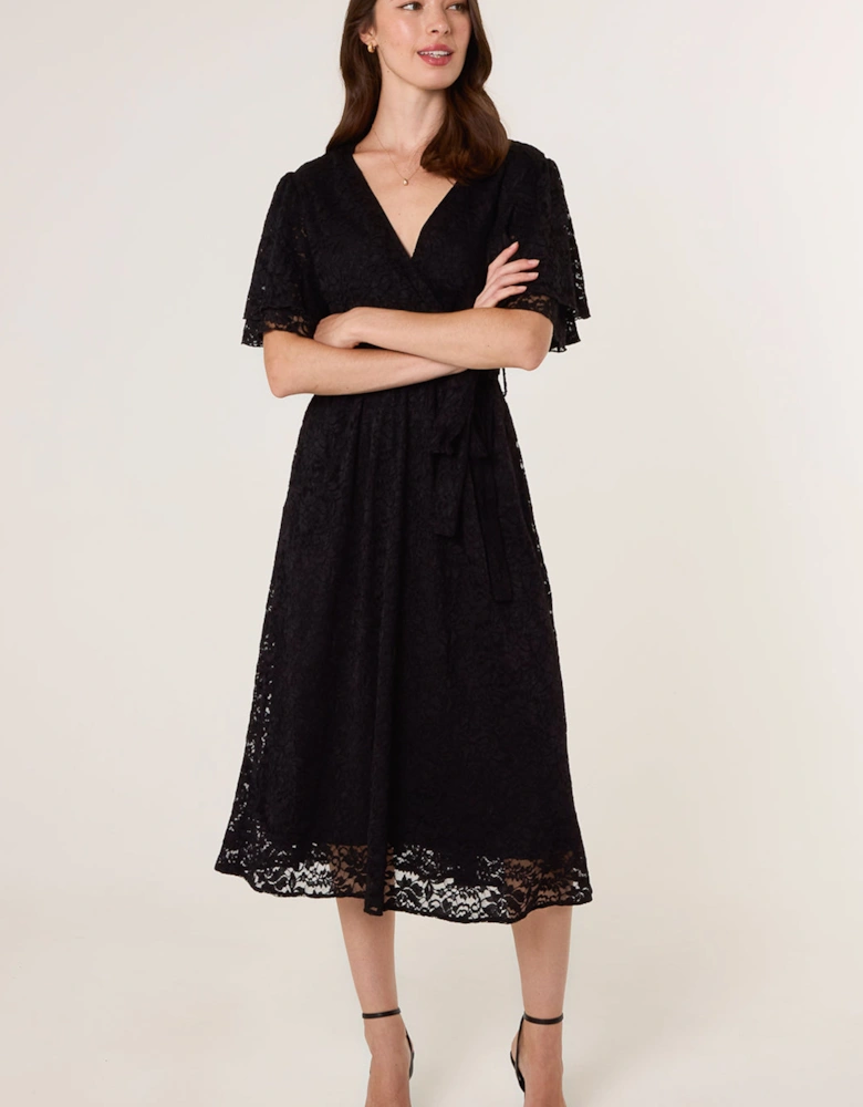 Black Double Angel Sleeve Lace Midi Dress