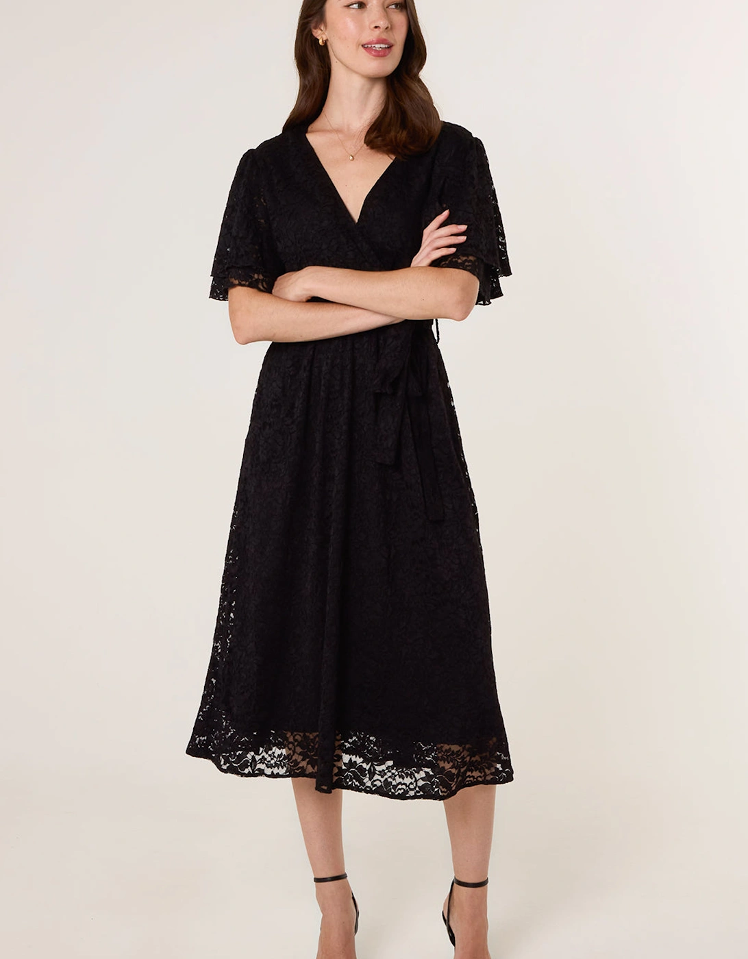 Black Double Angel Sleeve Lace Midi Dress, 2 of 1
