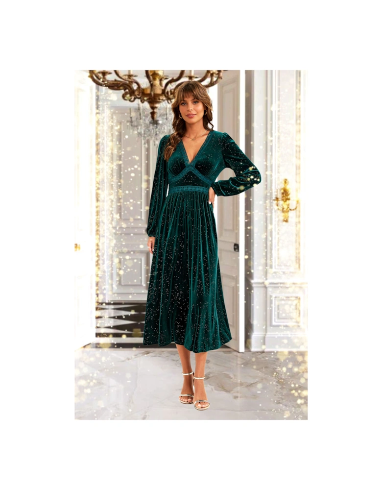 Silver Foil Velvet Lace Trim Neckline Midi Dress In Green