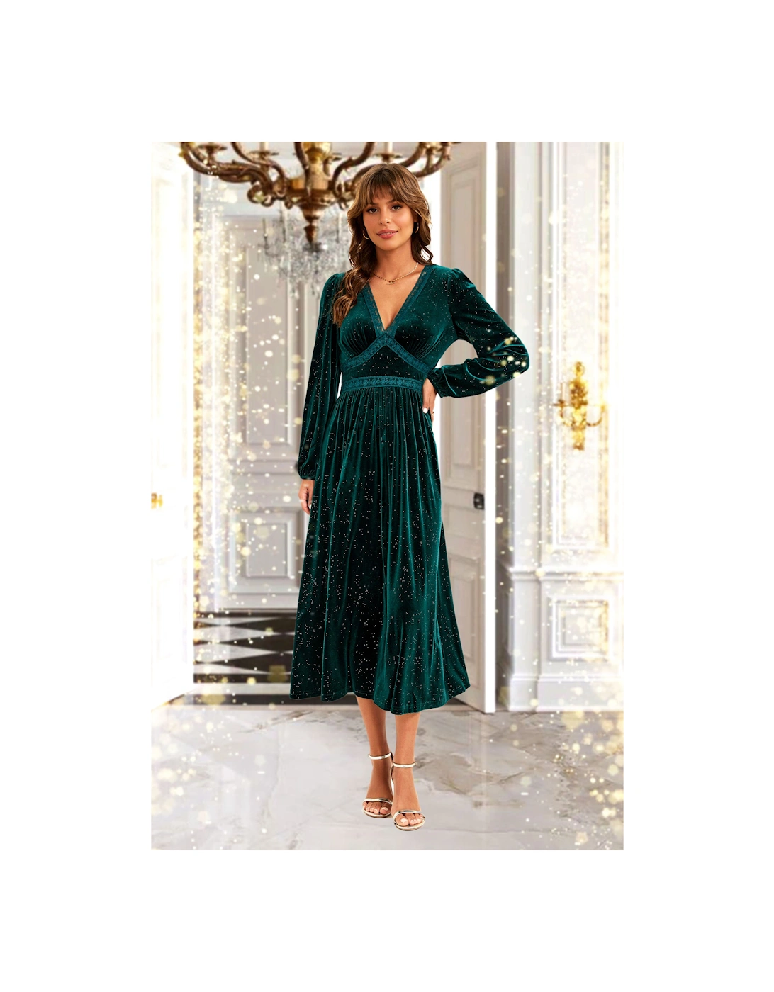 Silver Foil Velvet Lace Trim Neckline Midi Dress In Green, 2 of 1
