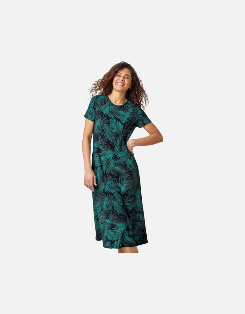 Leaf Print Stretch Midi Dress