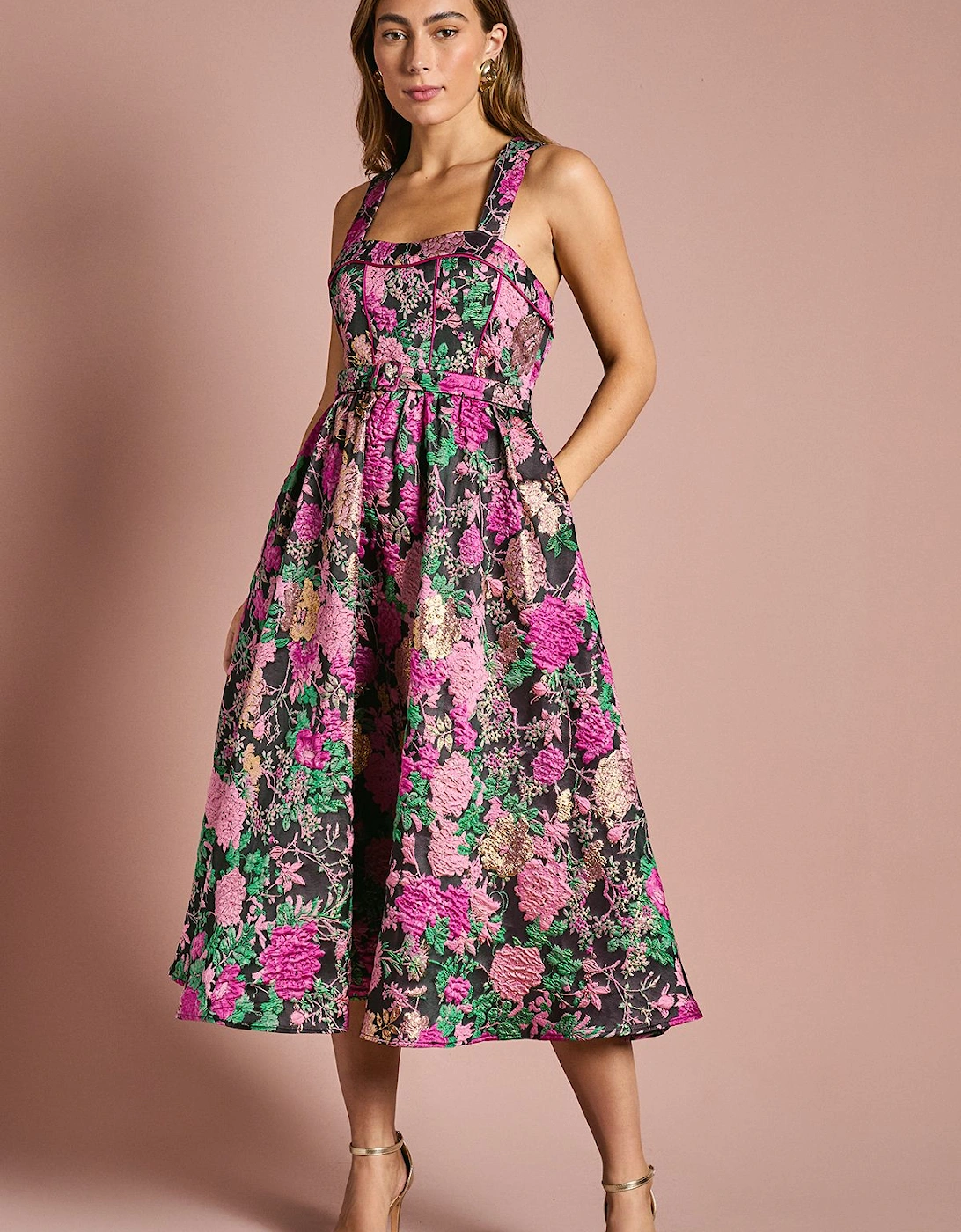 Corset Bodice Full Skirted Jacquard Midi Dress, 2 of 1