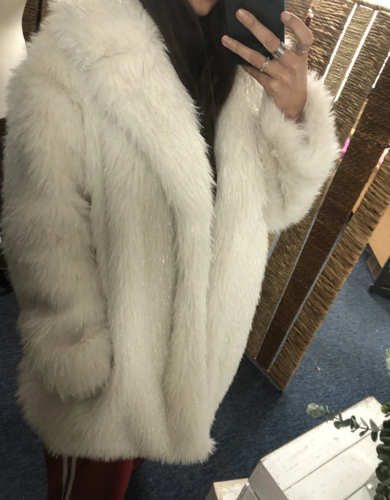 Cream Metallic Faux Fur Coat