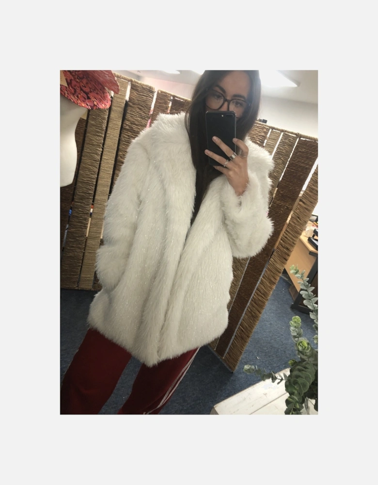 Cream Metallic Faux Fur Coat