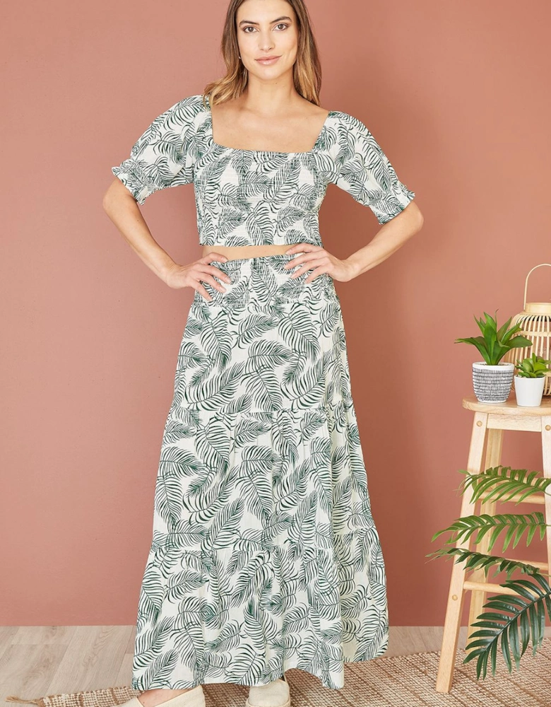 Green Organic Cotton Voile Palm Leaf Ruched Crop Top