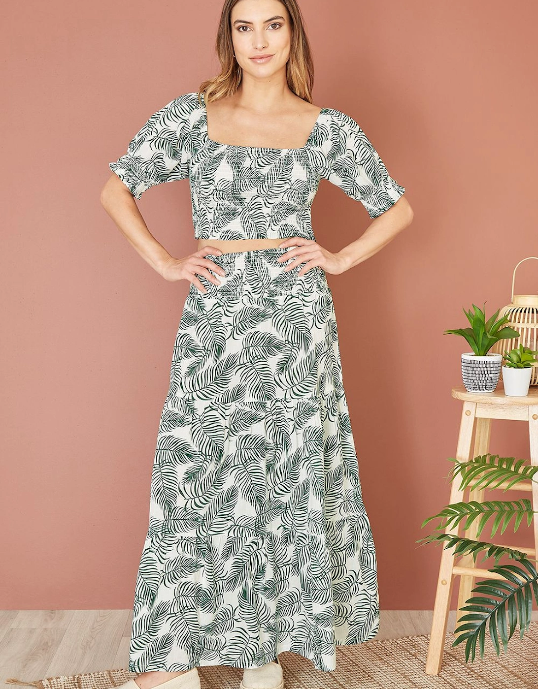 Green Organic Cotton Voile Palm Leaf Ruched Crop Top, 2 of 1