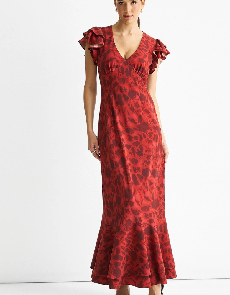 Red Blur Floral Print Ruffle Maxi Dress