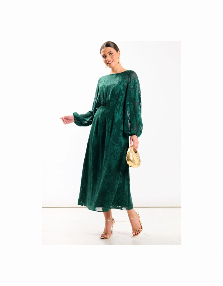 Green Long Sleeve Jacquard Midi Dress