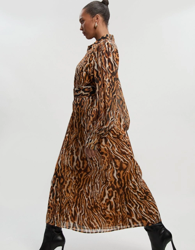Plus Size Animal Print Georgette Belted Woven Shirt Dress