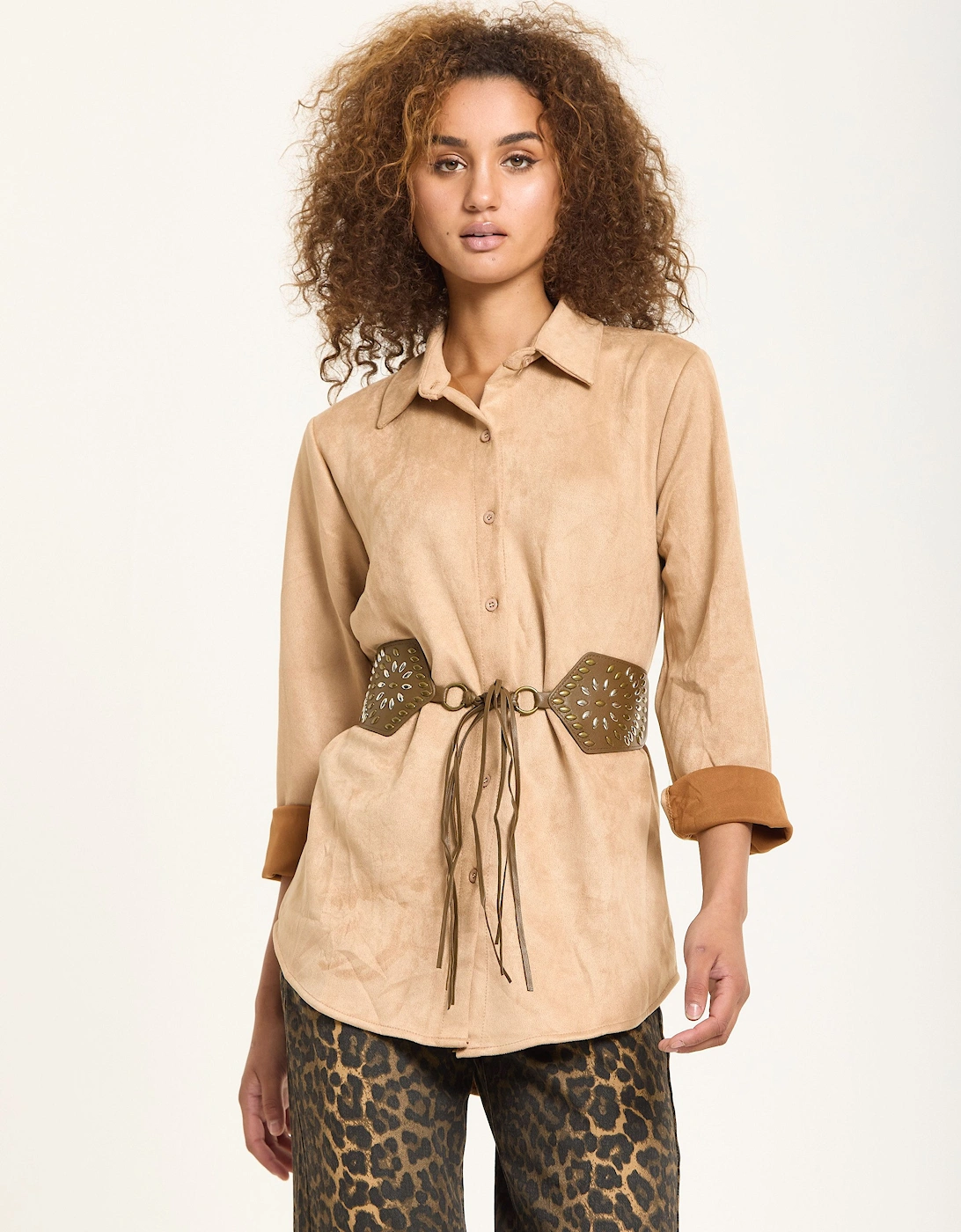 Camel Faux Suede Shirt with Belt, 2 of 1