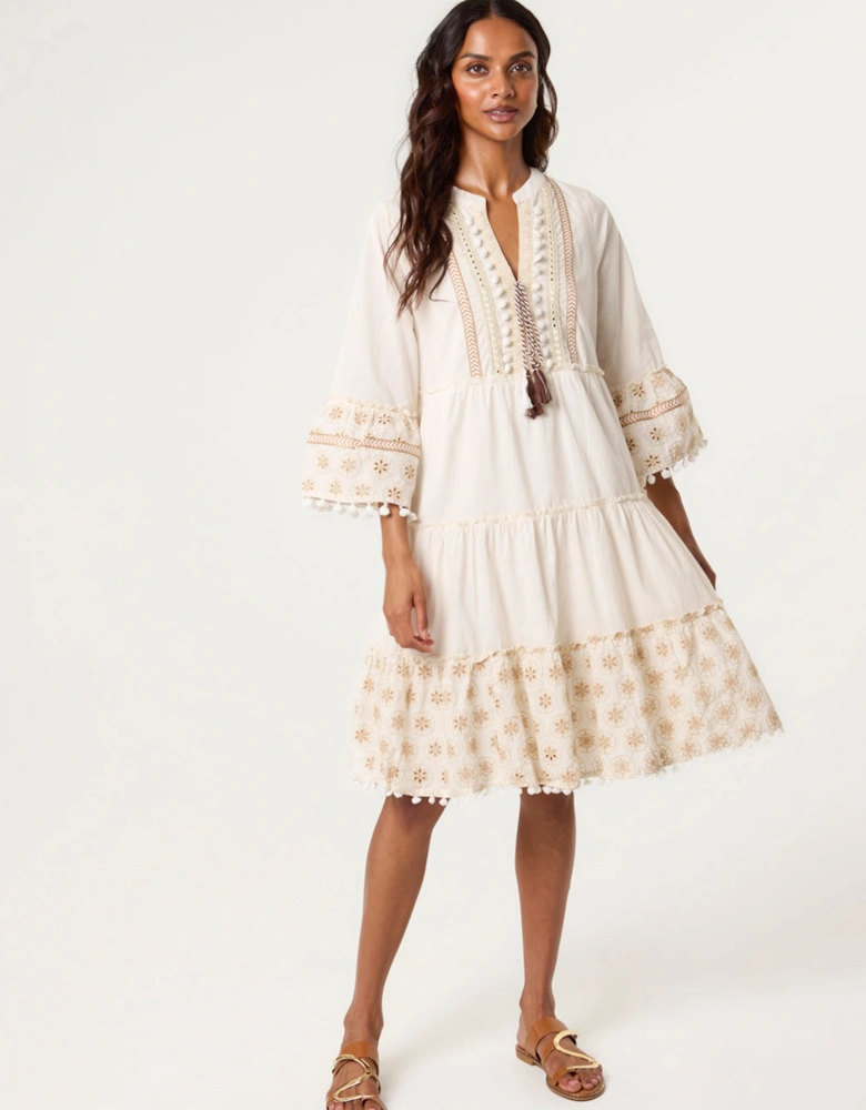 Ivory Embellished Tie Front Tunic Dress