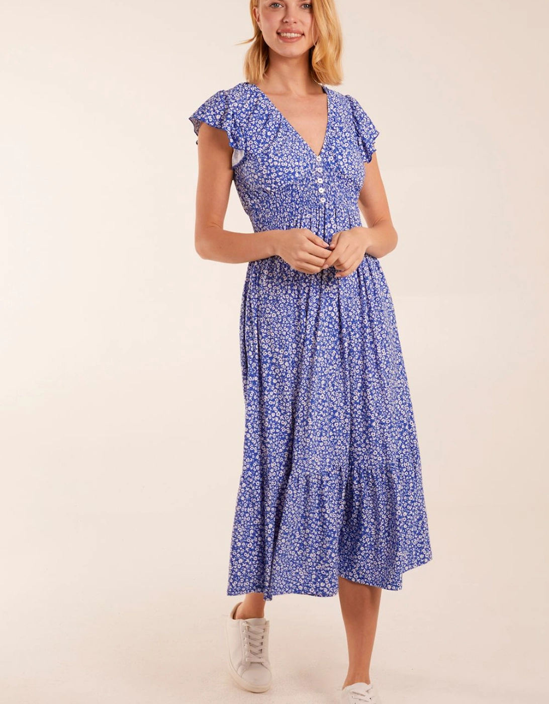Ditsy Floral V Neck Button Front Midi Dress, 2 of 1