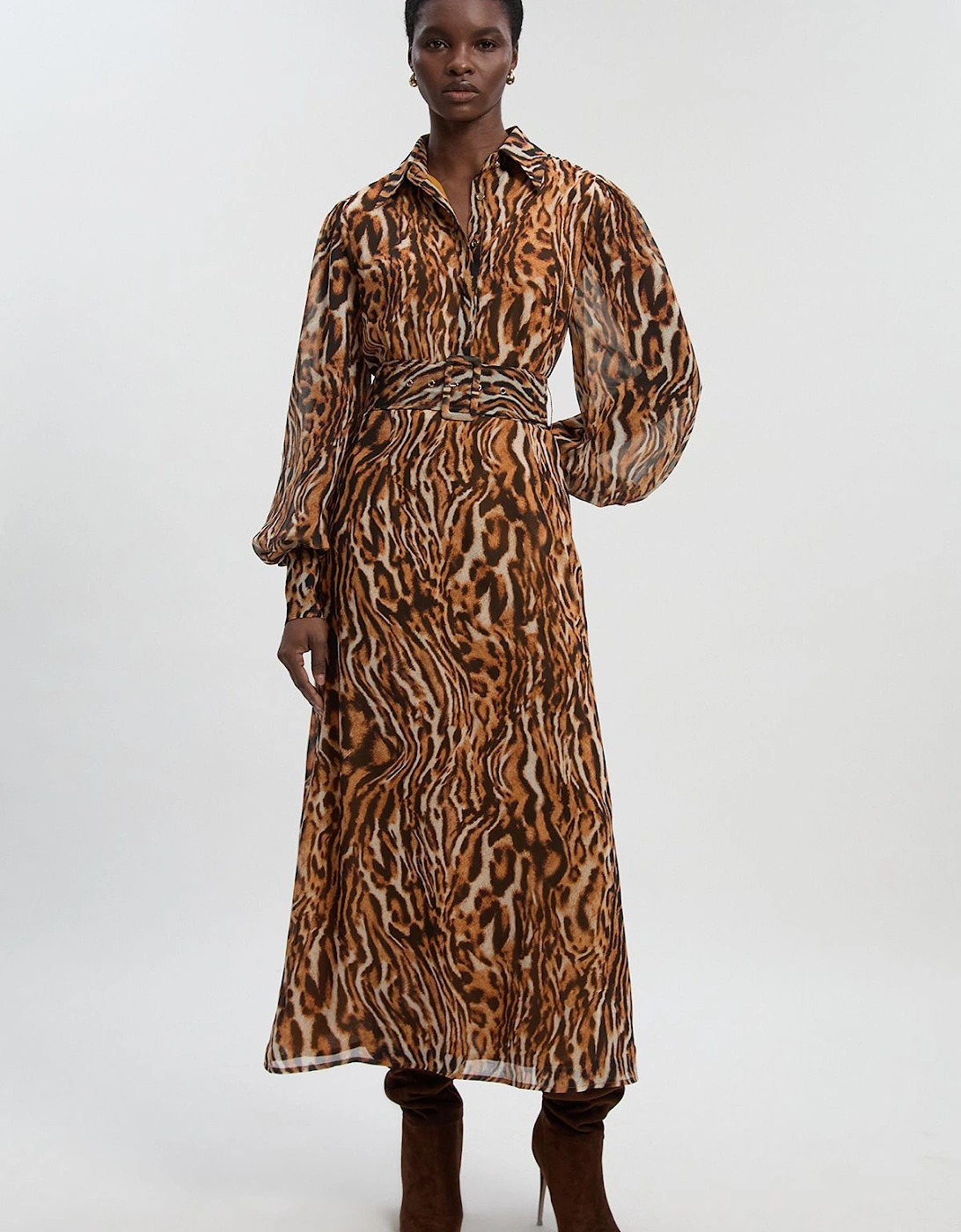 Petite Animal Print Georgette Belted Woven Shirt Dress, 2 of 1